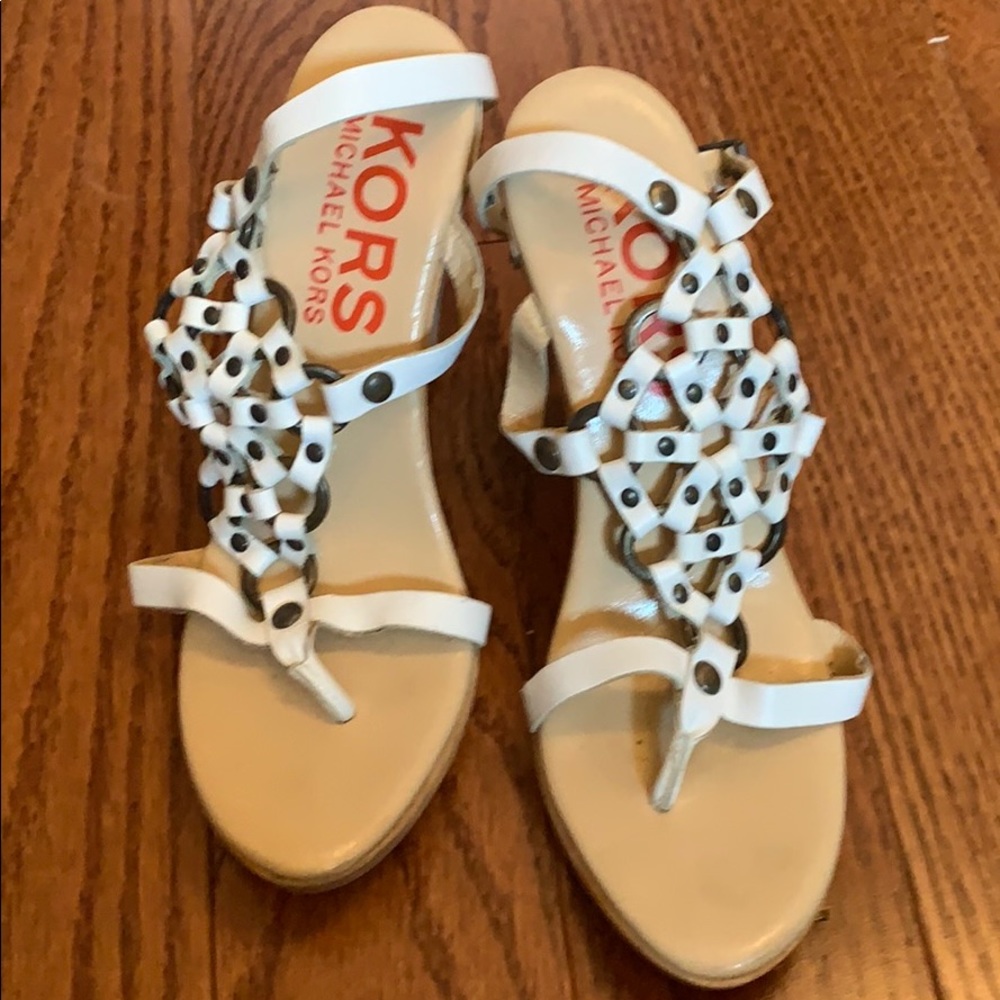 Michael Kors sandals  white and brass ankle wrap .